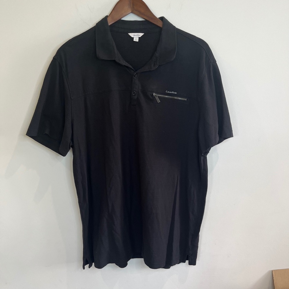 Calvin Klein Mens XL Black Cotton Slub Polo Shirt Zip Pocket Short Sleeve - 135